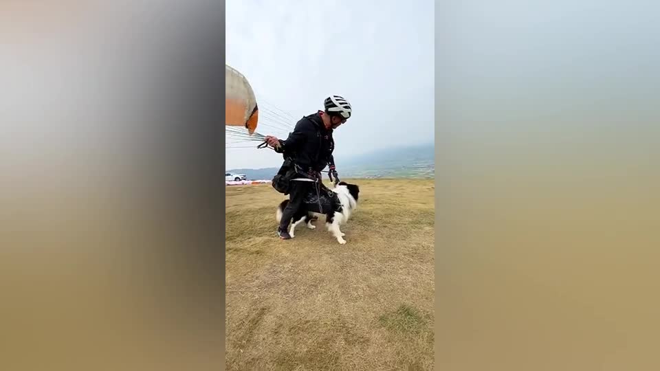 Mới- nóng - Video: Người đàn ông chơi dù lượn 'cưỡi chó' bay lên trời