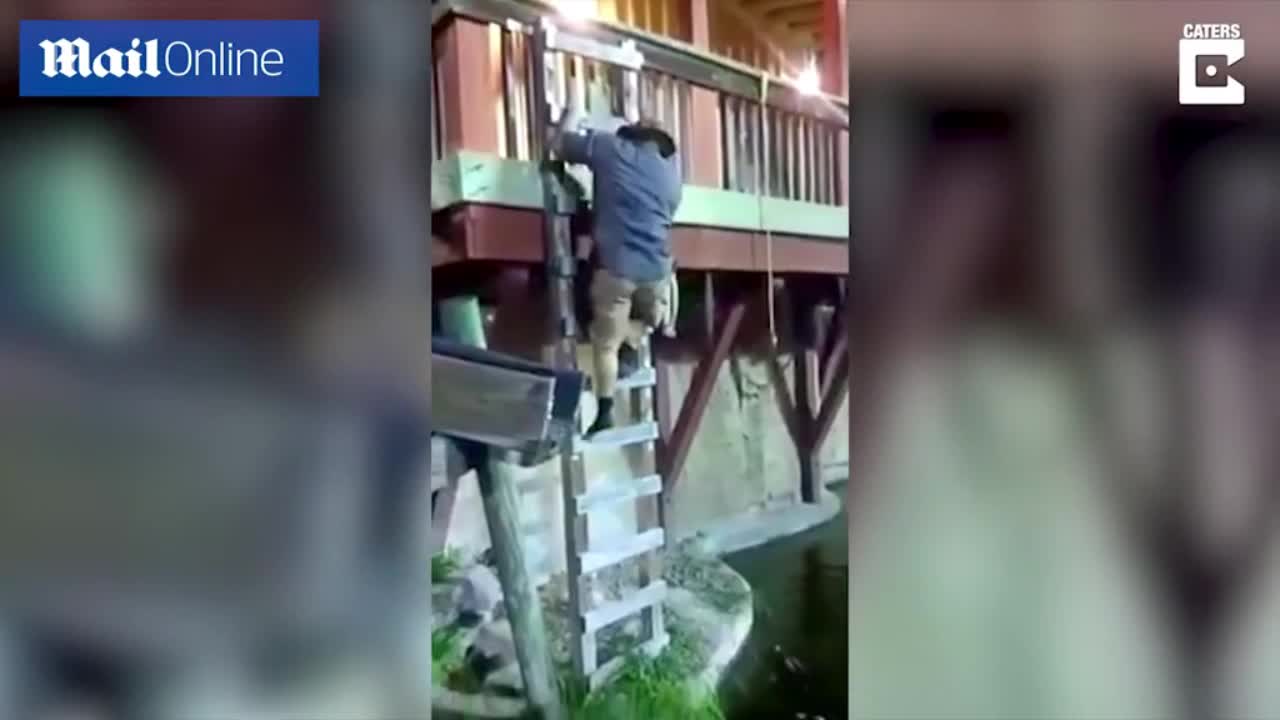 Video - Clip: Đứt dây thừng, người đàn ông rơi thẳng xuống hồ cá sấu