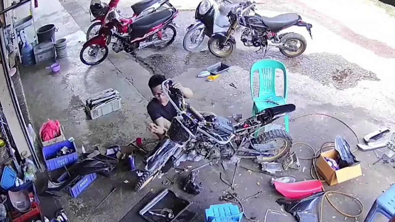 Video - Rắn trườn ngay sau lưng người thợ sửa xe máy và diễn biến thót tim
