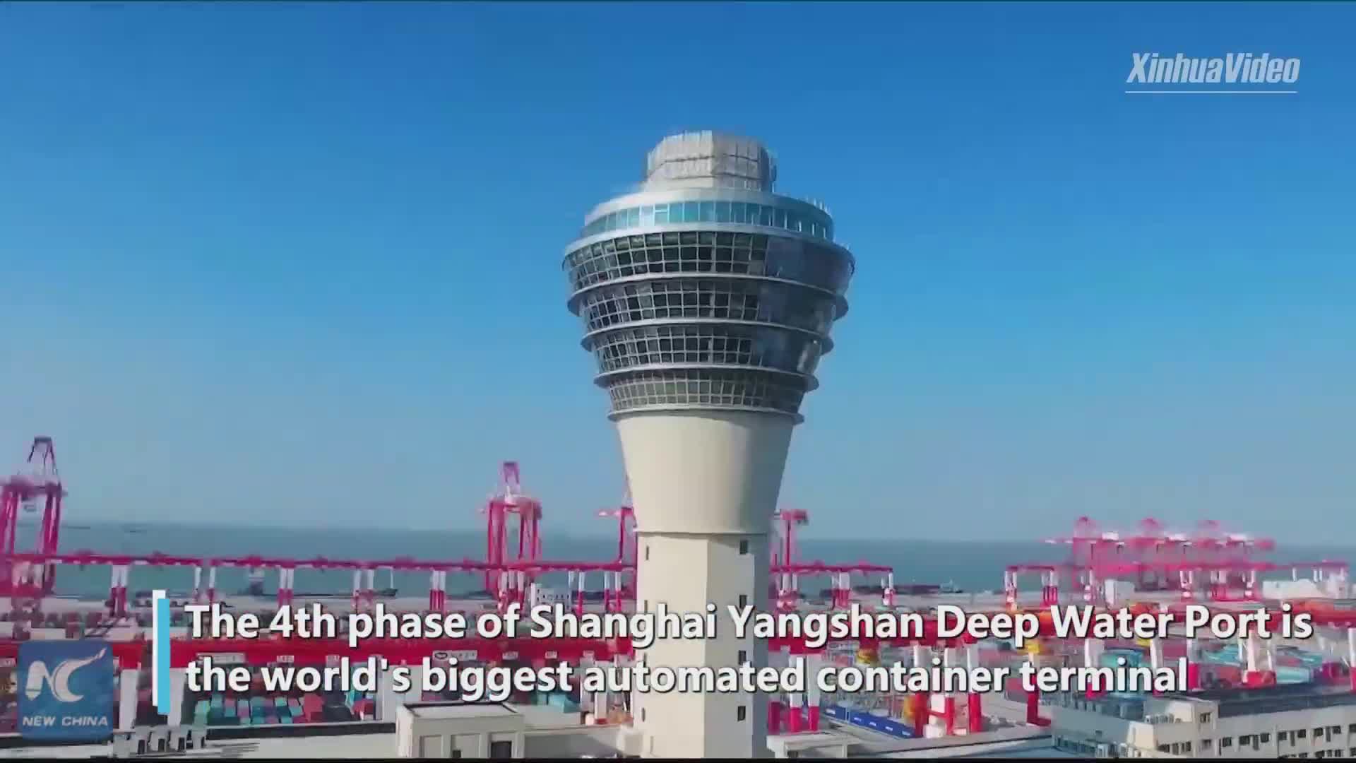 Aerial footage of large automated container terminal in Shanghai